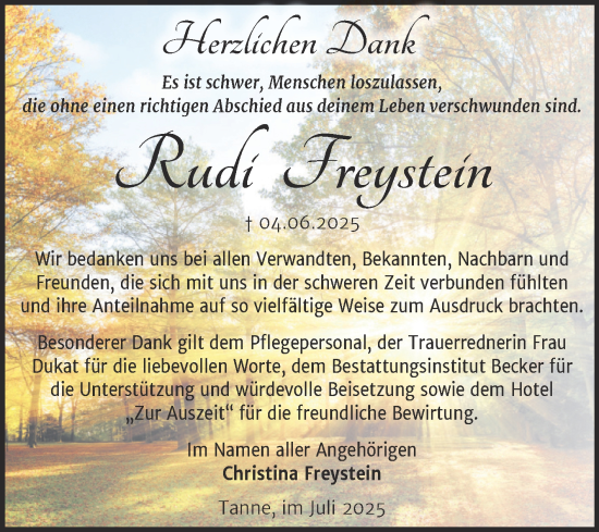 Traueranzeige von Rudi Freystein von Volksstimme Wernigerode