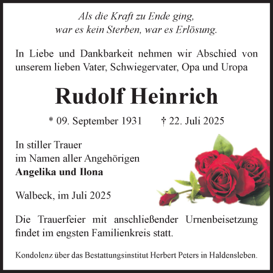 Traueranzeige von Rudolf Heinrich von Volksstimme Haldensleben/Wolmirstedt