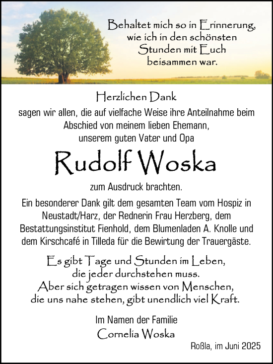 Traueranzeige von Rudolf Woska von Trauerkombi Sangerhausen