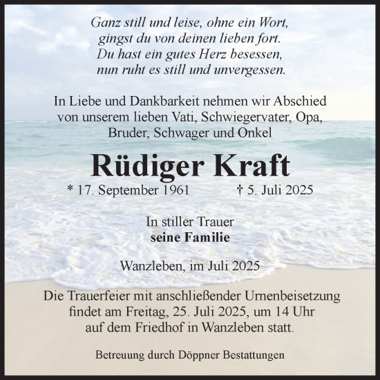 Traueranzeige von Rüdiger Kraft von Volksstimme Oschersleben/Wanzleben