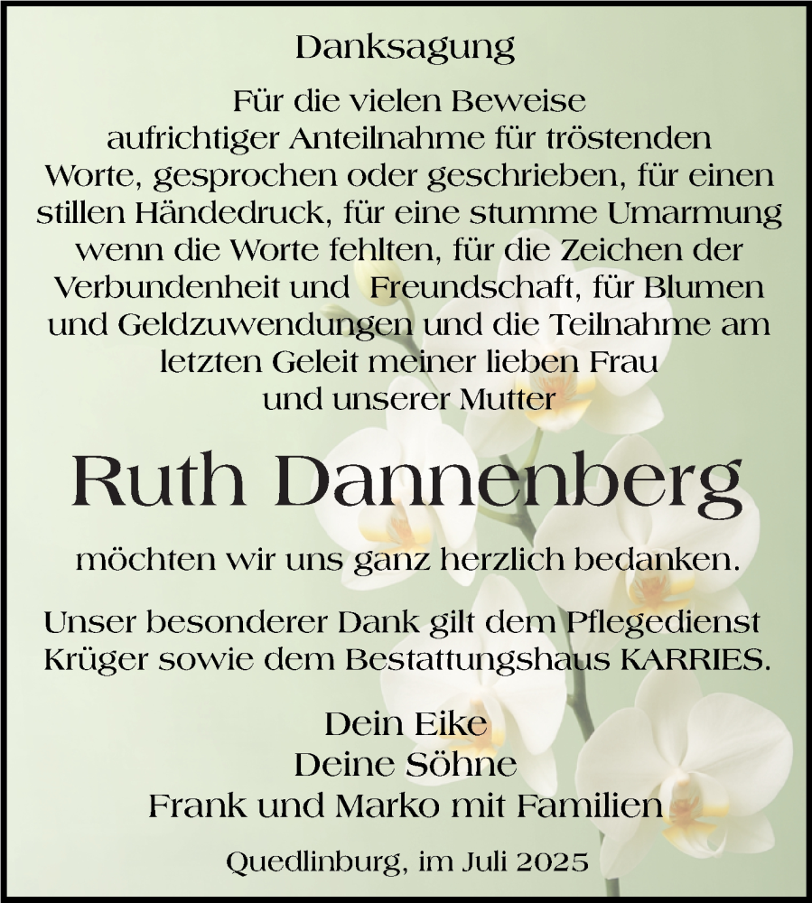  Traueranzeige für Ruth Dannenberg vom 26.07.2025 aus Trauerkombi Quedlinburg