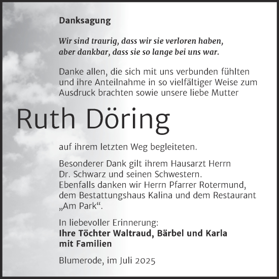Traueranzeige von Ruth Döring von Trauerkombi Mansfelder Land
