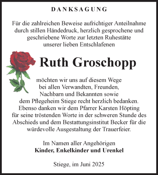 Traueranzeige von Ruth Groschopp von Volksstimme Wernigerode