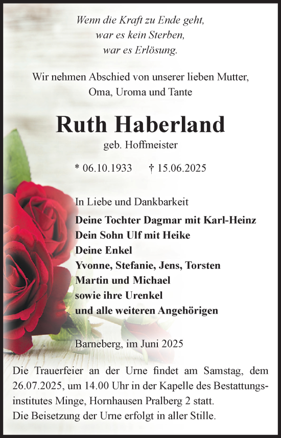 Traueranzeige von Ruth Haberland von Volksstimme Oschersleben/Wanzleben