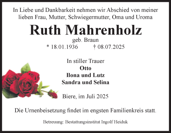Traueranzeige von Ruth Mahrenholz von Volksstimme Schönebeck