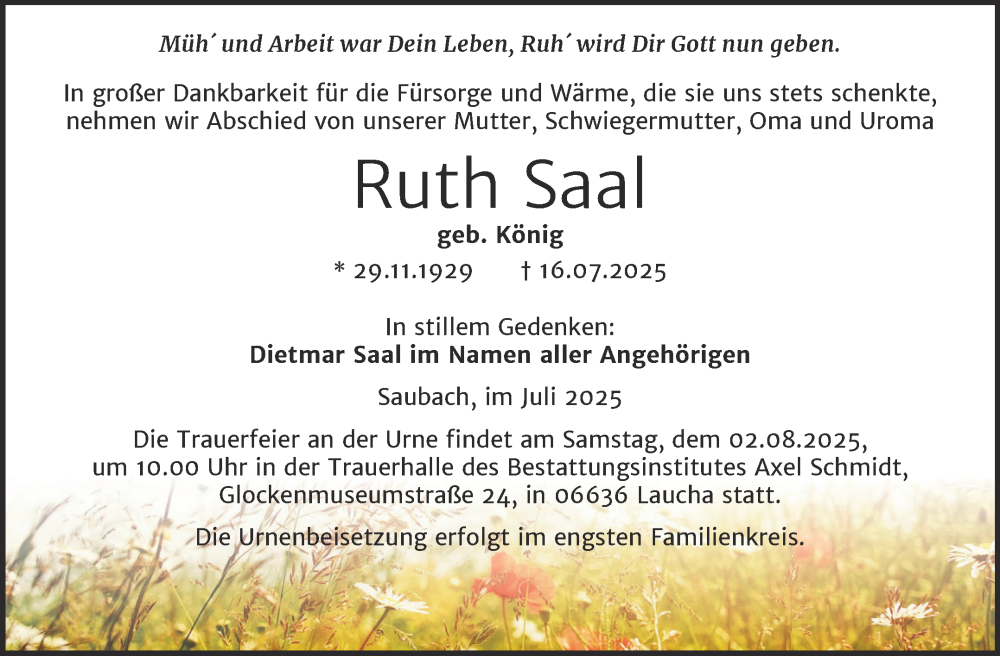 Traueranzeige für Ruth Saal vom 26.07.2025 aus Super Sonntag Naumburg/Nebra