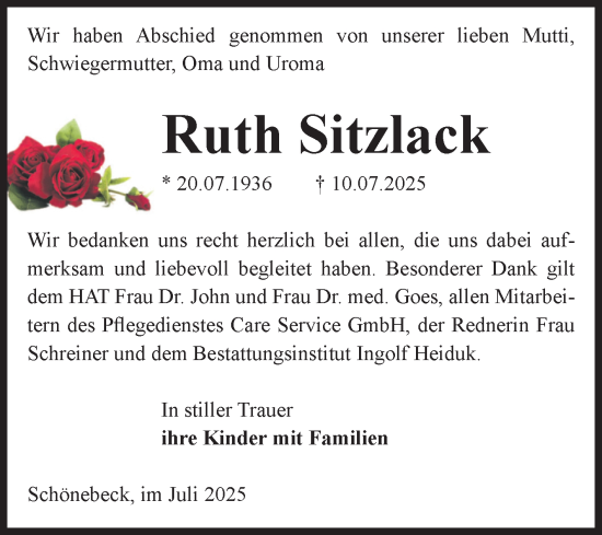 Traueranzeige von Ruth Sitzlack von Volksstimme Schönebeck