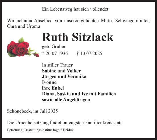 Traueranzeige von Ruth Sitzlack von Volksstimme Schönebeck
