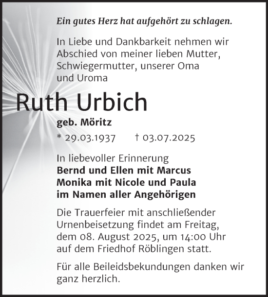 Traueranzeige von Ruth Urbich von Trauerkombi Mansfelder Land