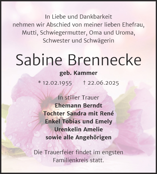 Traueranzeige von Sabine Brennecke von Trauerkombi Mansfelder Land