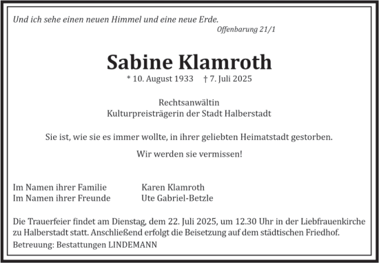 Traueranzeige von Sabine Klamroth von Volksstimme Halberstadt