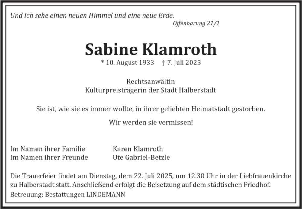  Traueranzeige für Sabine Klamroth vom 12.07.2025 aus Volksstimme Halberstadt