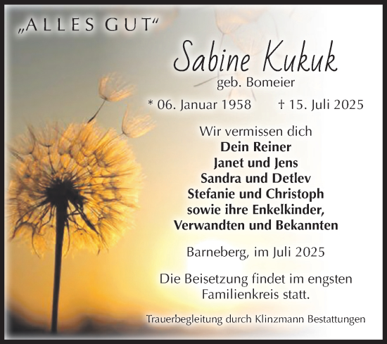 Traueranzeige von Sabine Kukuk von Volksstimme Oschersleben/Wanzleben