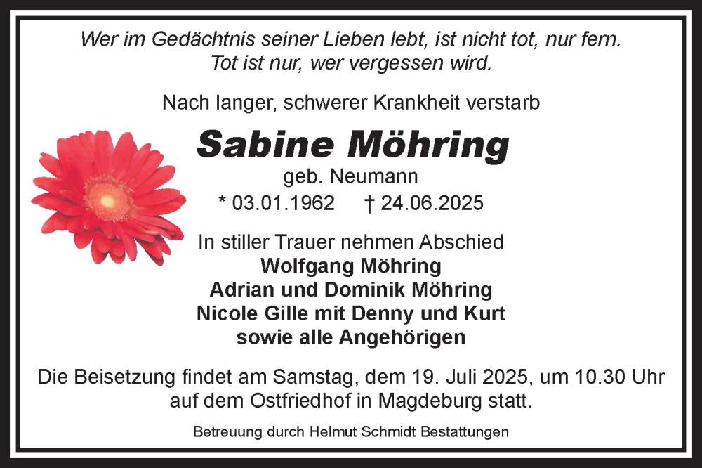  Traueranzeige für Sabine Möhring vom 12.07.2025 aus Volksstimme Magdeburg