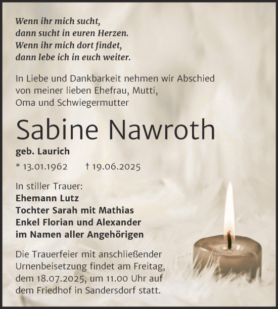 Traueranzeige von Sabine Nawroth von Trauerkombi Bitterfeld