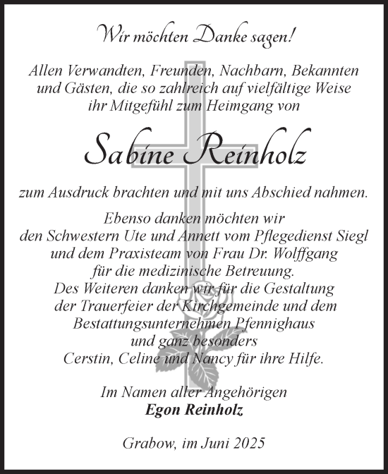 Traueranzeige von Sabine Reinholz von Volksstimme Burg/Genthin