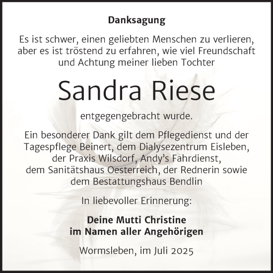 Traueranzeige von Sandra Riese von Trauerkombi Mansfelder Land