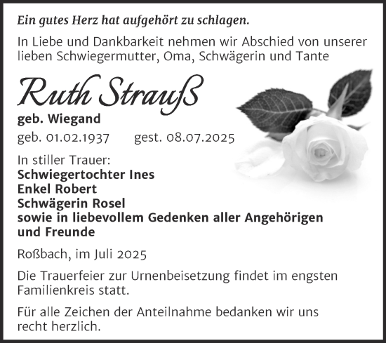 Traueranzeige von Schwägerin Rosel von Trauerkombi Merseburg
