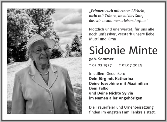 Traueranzeige von Sidonie Minte von Trauerkombi Mansfelder Land