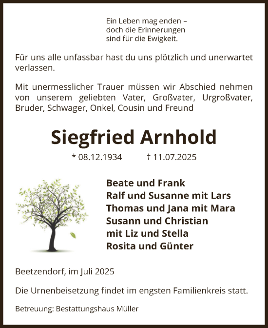 Traueranzeige von Siegfried Arnhold von Volksstimme Altmark West