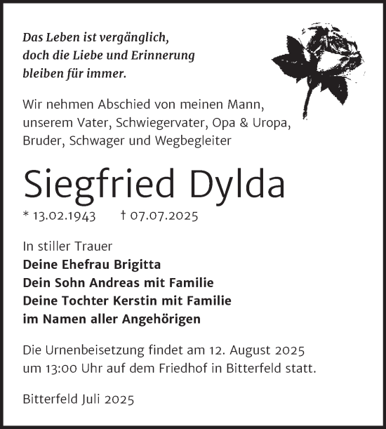 Traueranzeige von Siegfried Dylda von Trauerkombi Bitterfeld