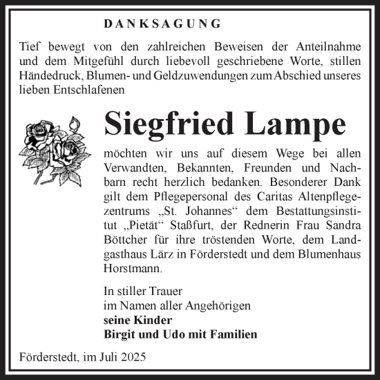 Traueranzeige von Siegfried Lampe 