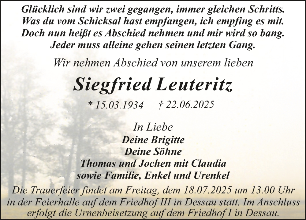  Traueranzeige für Siegfried Leuteritz vom 05.07.2025 aus Trauerkombi Dessau