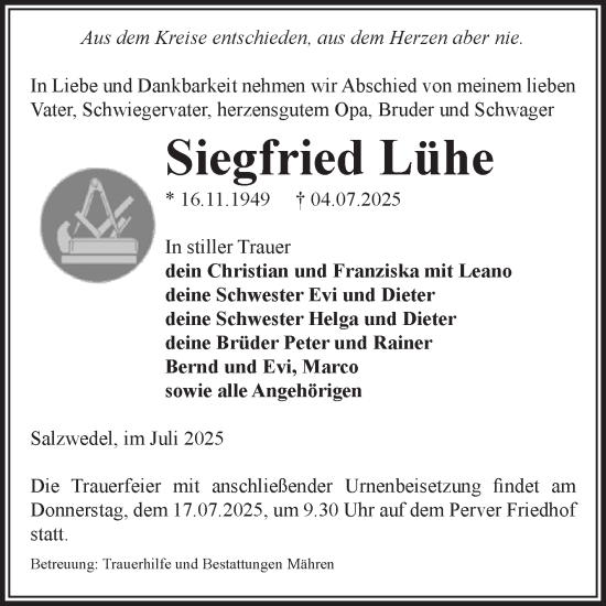 Traueranzeige von Siegfried Lühe von Volksstimme Altmark West