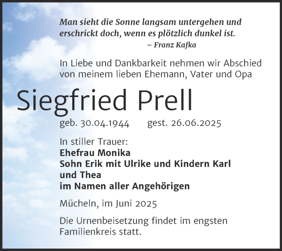 Traueranzeige von Siegfried Prell von Trauerkombi Merseburg