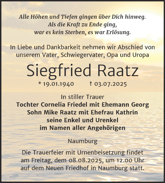Traueranzeige von Siegfried Raatz von Naumburger Tageblatt