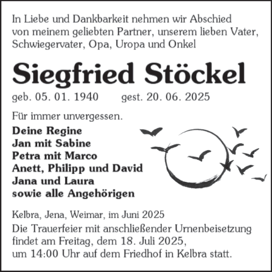 Traueranzeige von Siegfried Stöckel von Trauerkombi Sangerhausen