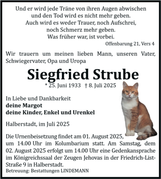 Traueranzeige von Siegfried Strube von Volksstimme Halberstadt