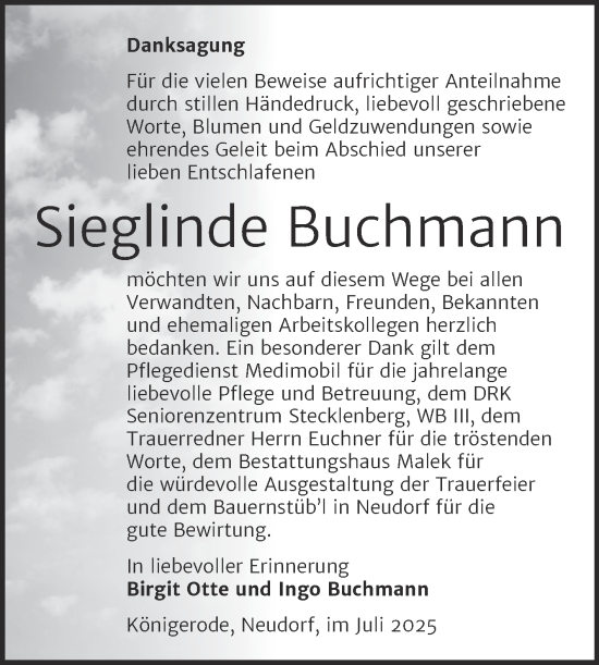 Traueranzeige von Sieglinde Buchmann von Trauerkombi Quedlinburg