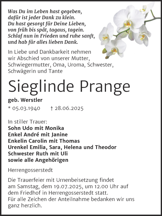 Traueranzeige von Sieglinde Prange von Super Sonntag Naumburg/Nebra