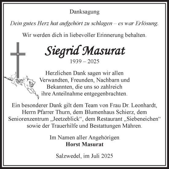 Traueranzeige von Siegrid Masurat von Volksstimme Altmark West