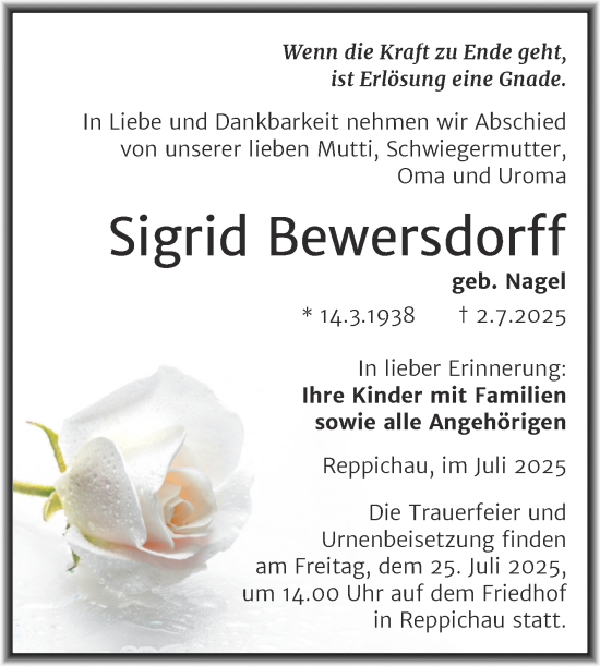 Traueranzeige von Sigrid Bewersdorff von Trauerkombi Köthen