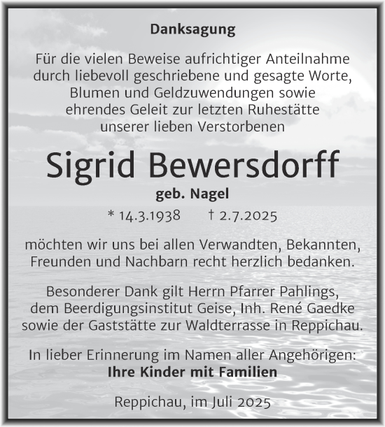 Traueranzeige von Sigrid Bewersdorff von Trauerkombi Köthen