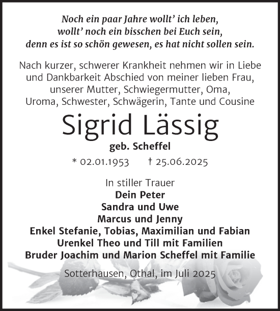 Traueranzeige von Sigrid Lässig von Trauerkombi Sangerhausen