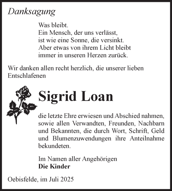 Traueranzeige von Sigrid Loan von Volksstimme Altmark West