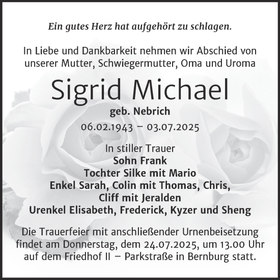 Traueranzeige von Sigrid Michael von Trauerkombi Bernburg