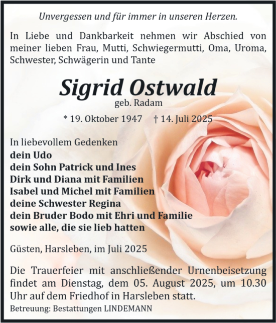 Traueranzeige von Sigrid Ostwald 