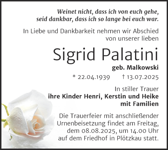 Traueranzeige von Sigrid Palatini von Trauerkombi Bernburg