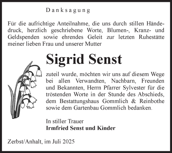 Traueranzeige von Sigrid Senst von Volksstimme Zerbst