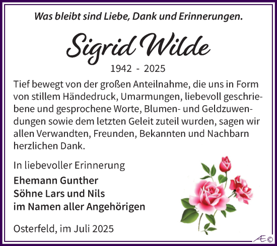 Traueranzeige von Sigrid Wilde von Trauerkombi Zeitz