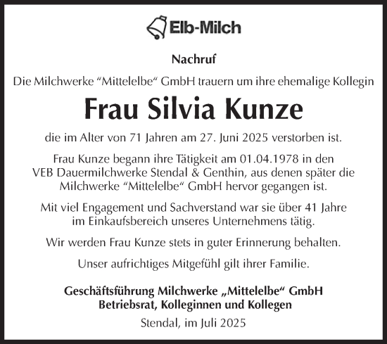 Traueranzeige von Silvia Kunze 