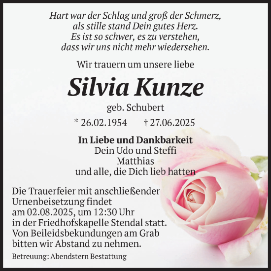 Traueranzeige von Silvia Kunze von Volksstimme Altmark Ost