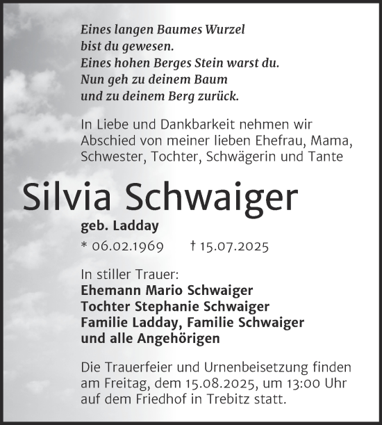 Traueranzeige von Silvia Schwaiger von Trauerkombi Wittenberg