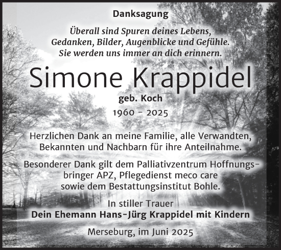 Traueranzeige von Simone Krappidel von Trauerkombi Merseburg