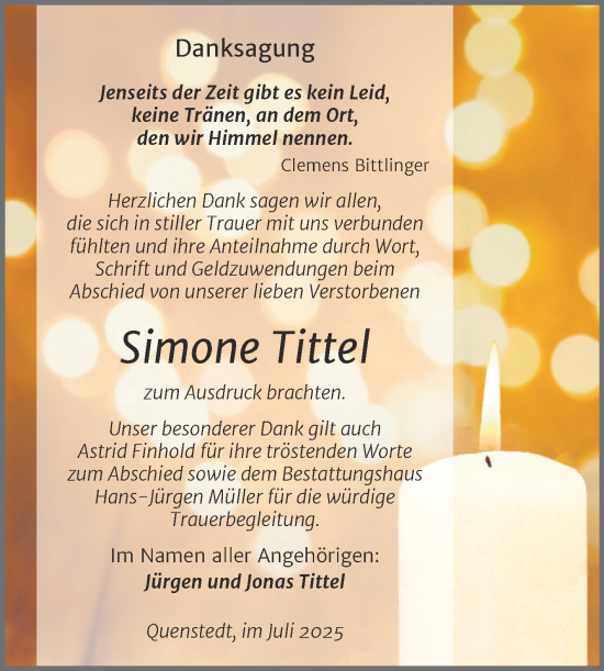 Traueranzeige von Simone Tittel von Trauerkombi Mansfelder Land