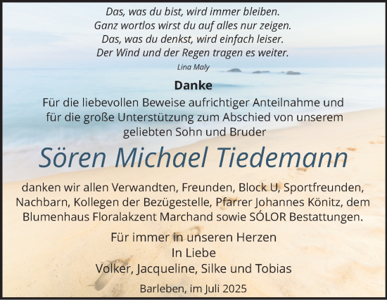 Traueranzeige von Sören Michael Tiedemann von Volksstimme Magdeburg
